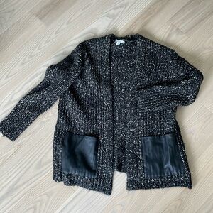 H Halston marled knit open cardigan leather pocket